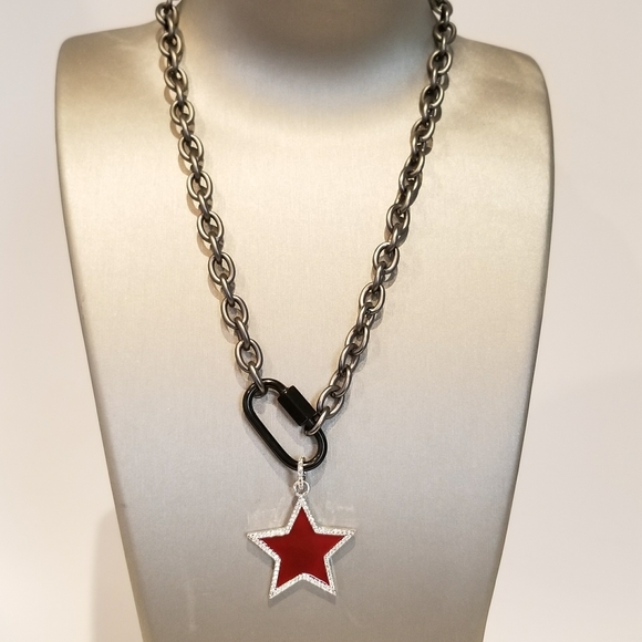 Jewelry - Red Star pave CZ Carabiner Lock Pendant Necklace